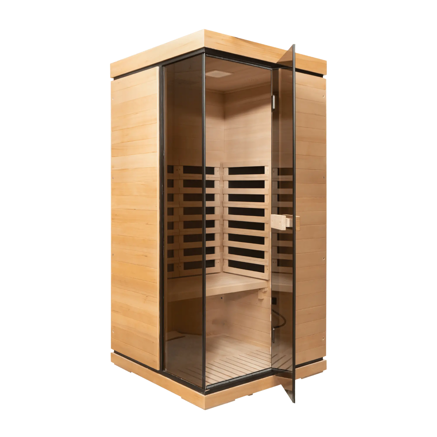 Wooden sauna with glass door on a white background