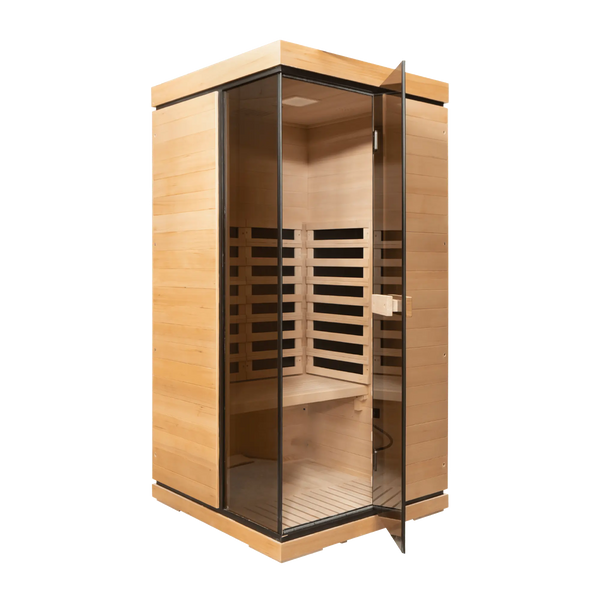 Wooden sauna with glass door on a white background