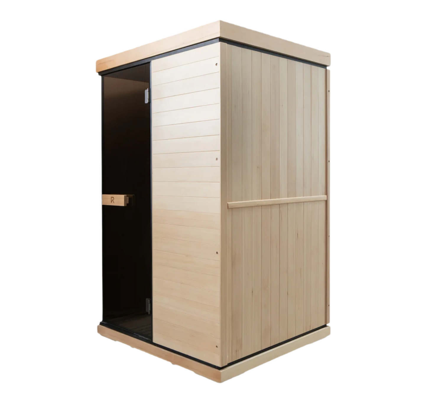 Wooden sauna with a white interior on a white background