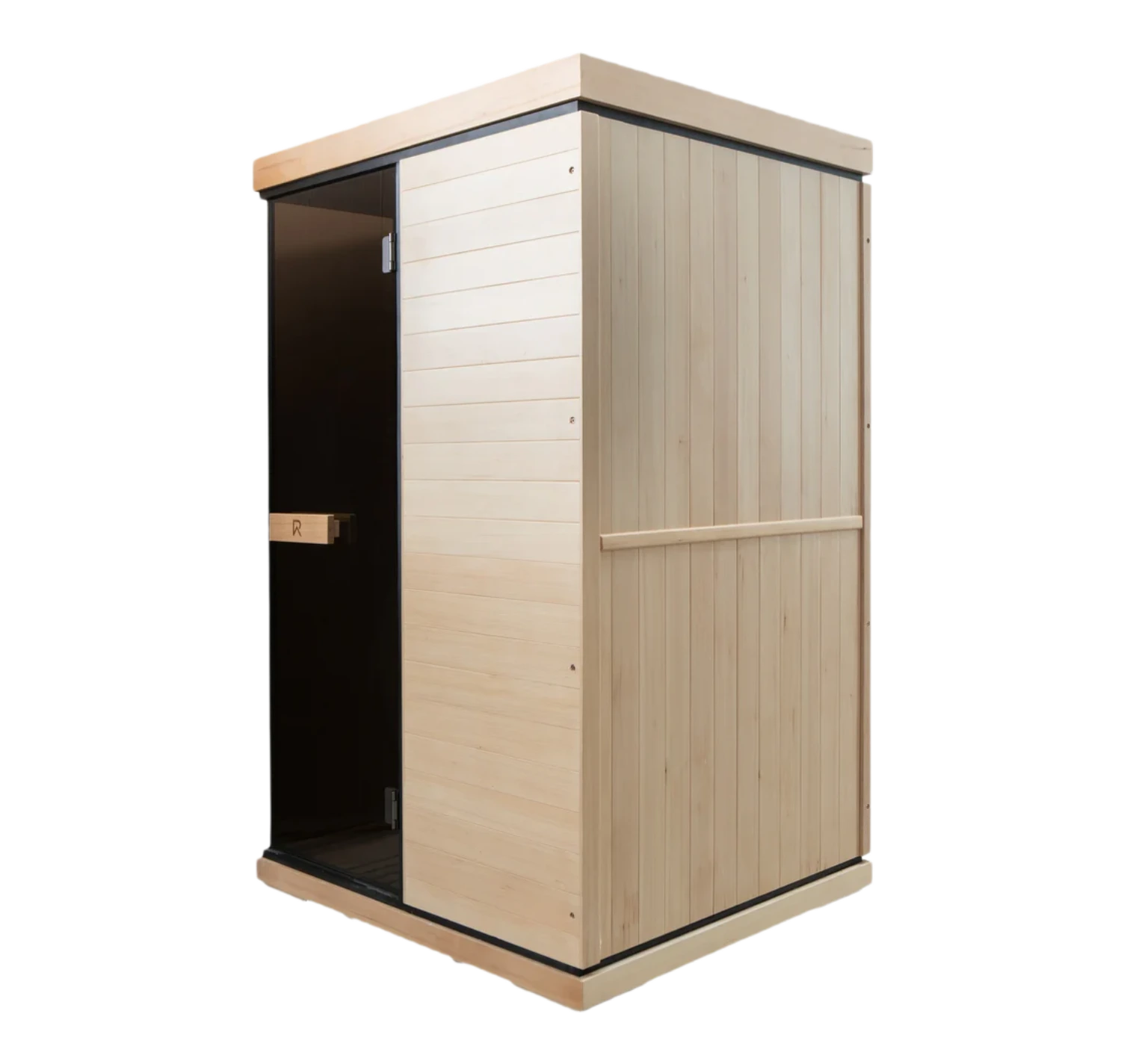 Wooden sauna with a white interior on a white background