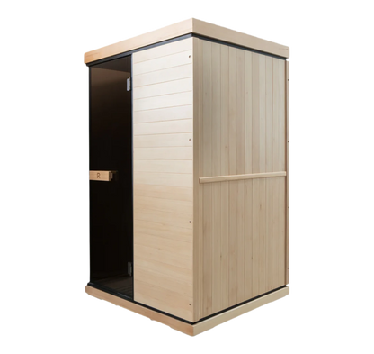 Wooden sauna with a white interior on a white background