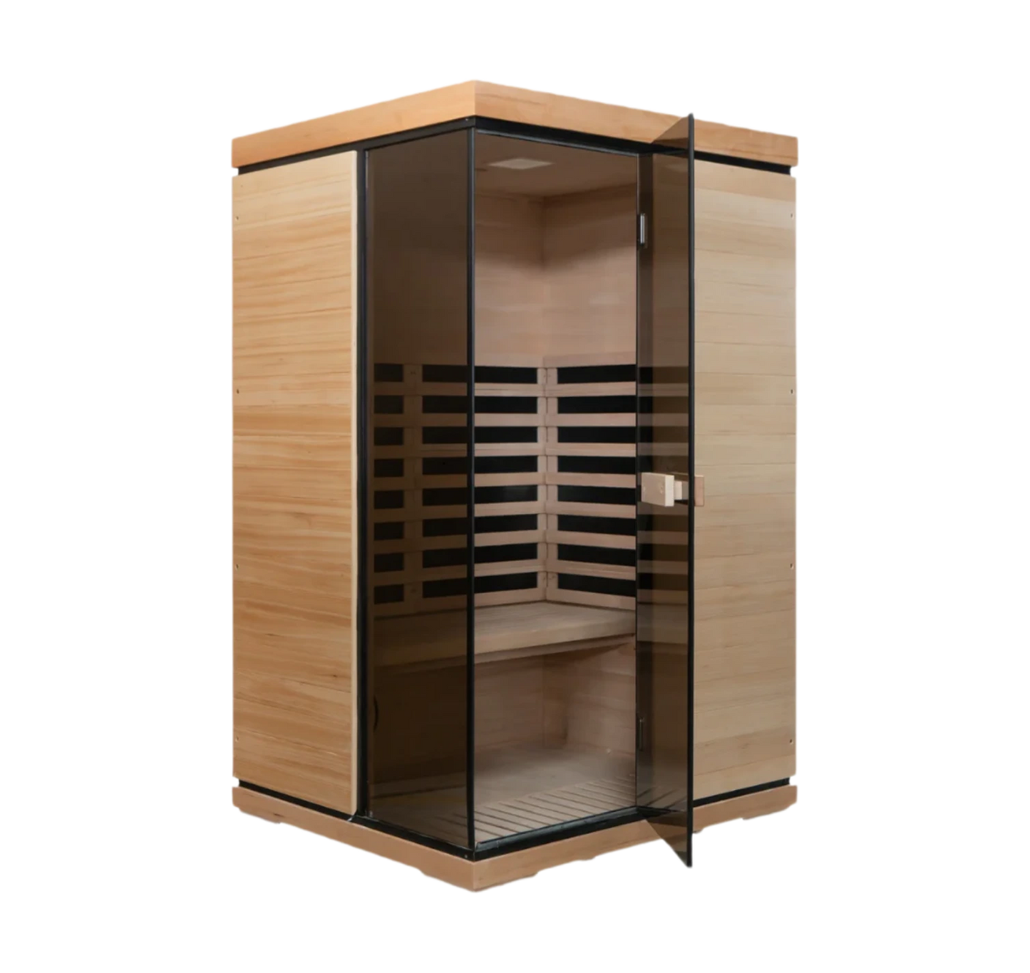 Wooden infrared sauna with glass door on a white background