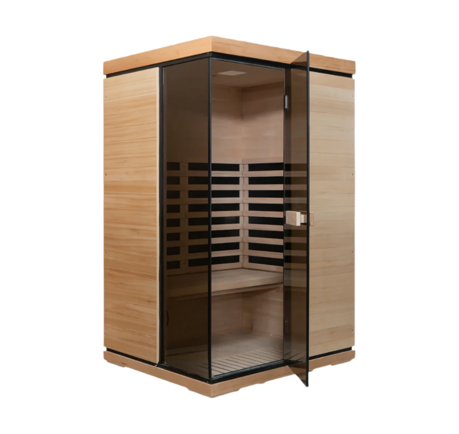 Wooden infrared sauna with glass door on a white background