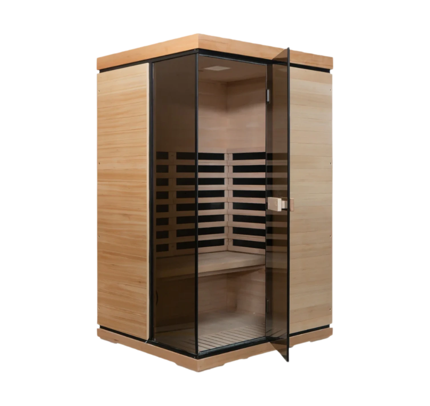 Wooden infrared sauna with glass door on a white background