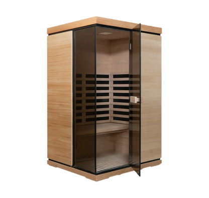 Wooden infrared sauna with glass door on a white background