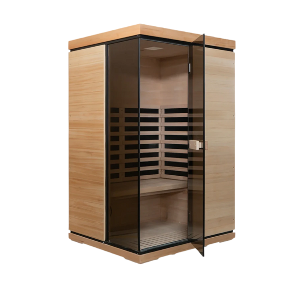 Wooden infrared sauna with glass door on a white background