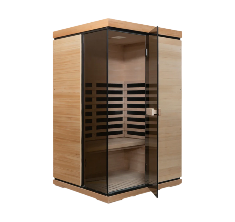 Wooden infrared sauna with glass door on a white background