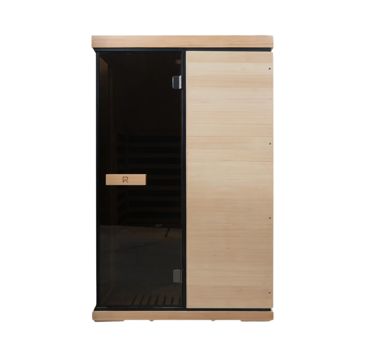 Wooden sauna with black interior on a white background