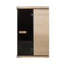 Wooden sauna with black interior on a white background