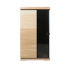 Wooden cabinet with black interior on a white background