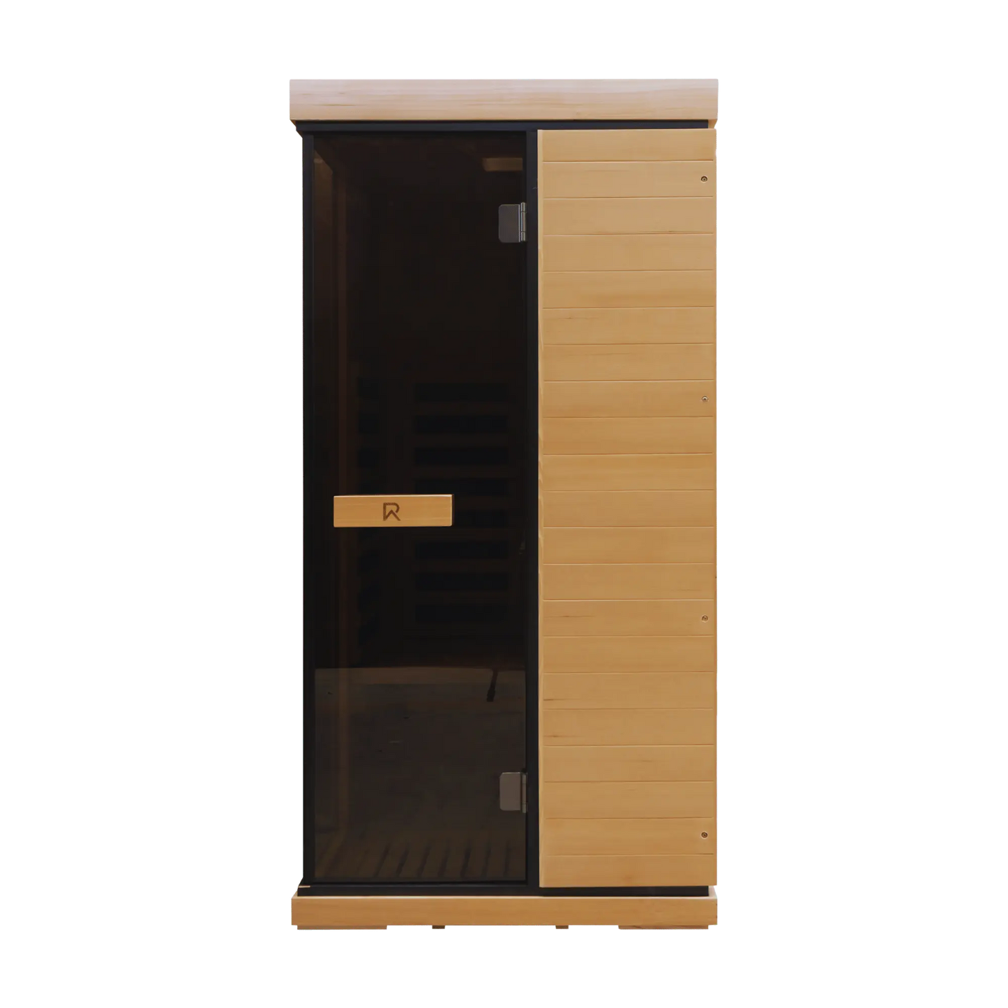 Wooden sauna with glass door on a white background