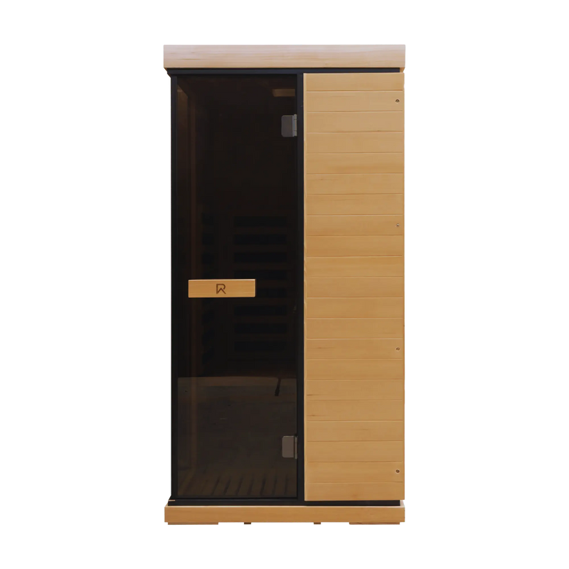 Wooden sauna with glass door on a white background